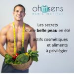 Routine estivale pour une belle peau avec actifs cosmétiques et alimentation riche en antioxydants